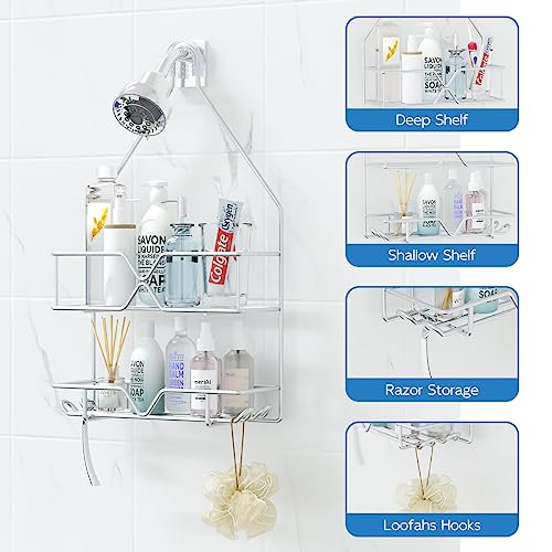 TreeLen Rustproof Shower Caddy, Hanging, Stainless Steel, 4 Hooks, 2 Shelves, Non-Slip - color: Silver