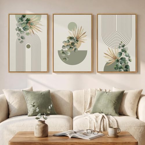 Framed Green Boho Wall Art for Living Room, 3 Piece Bohemian Botanical Canvas Painting Prints, Modern Geometric Eucalyptus Leaf Large Pictures for Bedroom Dining Room Office Wall Decor, 16x24 Inch - color: Green C, size: 16" W x 24" H x 3Pcs