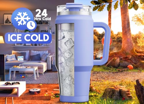 Meoky 32 oz Tumbler with Handle, Insulated Tumbler with Lid and Straw, Stainless Steel Travel Mug, Keeps Cold for 24 Hours, 100% Leak Proof, Fits in Car Cup Holder (Lilac) - color: Lilac, size: 32 Ounces