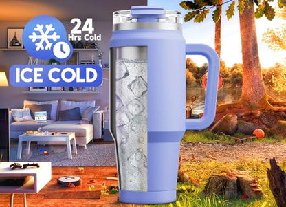 Meoky 32 oz Tumbler with Handle, Insulated Tumbler with Lid and Straw, Stainless Steel Travel Mug, Keeps Cold for 24 Hours, 100% Leak Proof, Fits in Car Cup Holder (Lilac) - color: Lilac, size: 32 Ounces