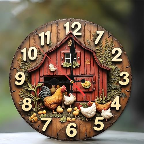 Farmhouse Chicken Coop Wall Clock Rooster Hen 10-Inch Wooden Wall Clock, Silent Movement, Artistic Home Decor, Perfect for Home Accents - color: Chicken Coop, size: 10x10inch(25x25cm)