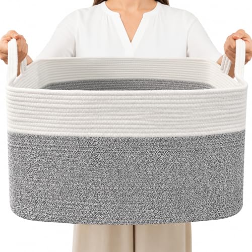 65L Laundry Basket with Handles, Woven Blanket Basket, White/Grey | 21"×16"×12" Collapsible Cotton Rope Storage Basket for Toys Clothes & Pillows, Nursery, Bathroom, Bedroom, Living Room - color: White & Grey, size: 65L