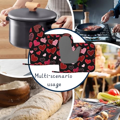Red Hearts Pot Holders and Oven Mitts,Cute Oven Mitts Heat Resistant Cotton Lining Anti-Slip Silicone Kitchen Mitts Set Hot Pads for Microwaves Cooking Baking Grilling - color: Red Hearts