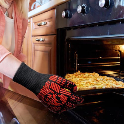BBQ Gloves, 1472°F Heat Resistant with Silicone Grip Oven Mitts | Non-Slip Grip, for BBQ, Grilling, Oven, Smoker, Cooking and Baking - color: Red, size: Long (Glove L 13.78" × Palm W 6.33")