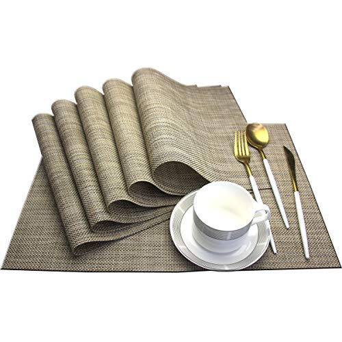 Dinner Mats Easy to Clean for Dining Table Woven Vinyl Placemats Heat Resistant 12x18 inche Table Mats Set of 6（Khaki） - color: Khaki, size: placemats set of 6