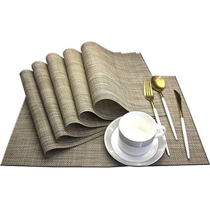 Dinner Mats Easy to Clean for Dining Table Woven Vinyl Placemats Heat Resistant 12x18 inche Table Mats Set of 6（Khaki） - color: Khaki, size: placemats set of 6