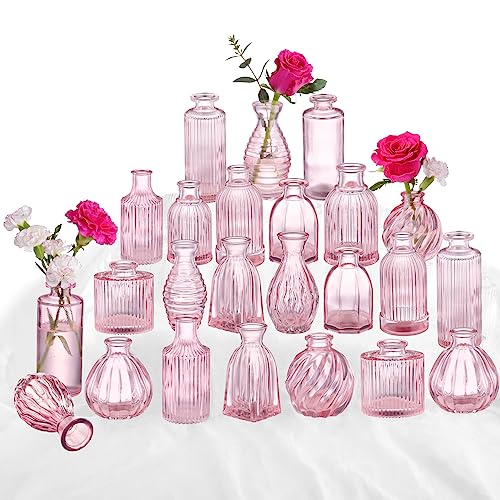 Pink Glass Bud Vases in Bulk 24, Pink Vase Small Vases for Flowers Modern Ribbed Glass Bud Vase for Decor Wedding Flower Vase Bulks Vintage Decor Bridal Shower Centerpieces Home Table Decoration - color: Pink, size: 2 Packs