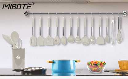 MIBOTE Silicone Kitchen Cooking Utensils Set, Steel Handle, Khaki | Heat Resistant, BPA-Free Silicone Kitchen Tools Set with Stainless Steel Handle – Durable, Non-Toxic Cooking Utensils Set - color: 3-Khaki