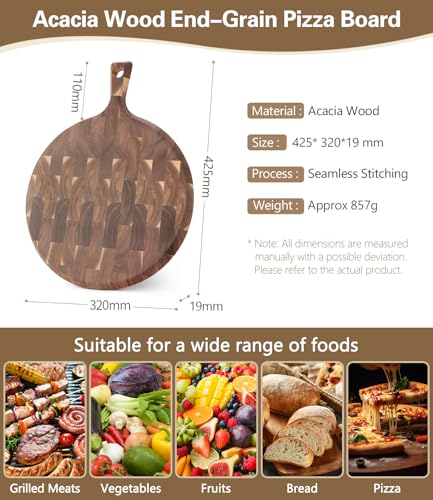 XINZUO Acacia Wood End-Grain Round Cutting Board with Handle for Kitchen Bread Pizza Cheese Fruit Charcuterie Serving Cutting Board, Two-sided Use, 16.7 x 12.5 x 0.75 inches - size: 16.7"L x 12.5"W