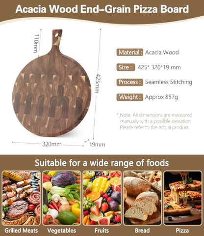 XINZUO Acacia Wood End-Grain Round Cutting Board with Handle for Kitchen Bread Pizza Cheese Fruit Charcuterie Serving Cutting Board, Two-sided Use, 16.7 x 12.5 x 0.75 inches - size: 16.7"L x 12.5"W