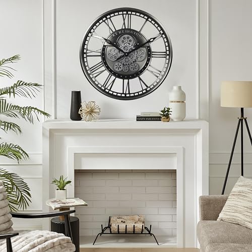 21" Metal Roman Numeral Wall Clock with Moving Gears,Gunmetal | SIilent Non Ticking, Aluminum Dial, Unique Modern Wall Clocks for Living Room, Dinning Room, Entryway & Home Office - color: Roman Gunmetal, size: 21"