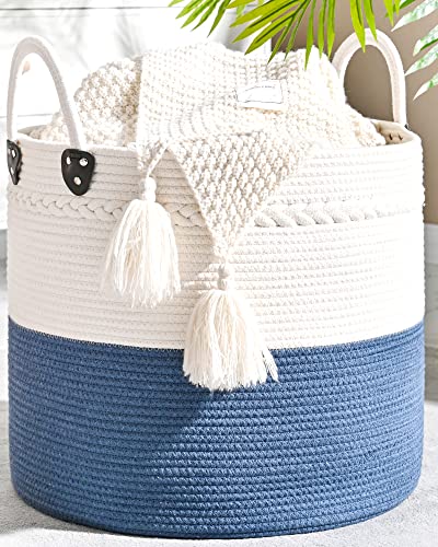 KAKAMAY Large Blanket Basket (18"x18"x16"),Woven Baby Laundry Hamper for Storage, Cotton Rope Blankets Baskets for Nursery, Laundry, Living Room, Pillows, Baby Toy chest with Handles (Navyblue) - color: Navyblue