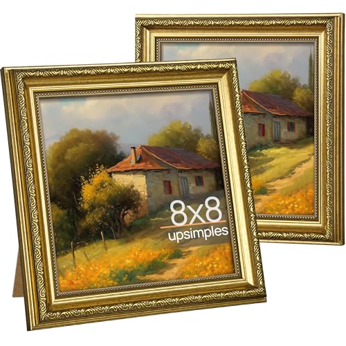 upsimples Vintage 8x8 Picture Frame, Antique Gold Frames, 2 Pack | Gold Picture Frames, Fits 8 x 8 Photos, Elegant Vintage Design, Wall or Tabletop Decor, for Wedding or Family Memorie - color: Gold, size: 8x8