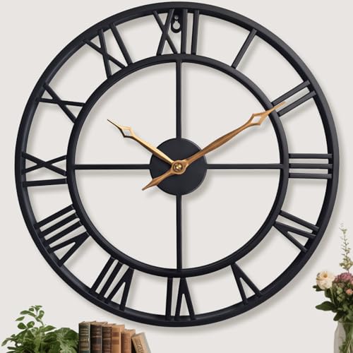 18.5 Inch Modern Decorative Metal Wall Clock with Big Black Roman Numerals Large Wall Clocks for Living Room Decor, Bedroom, Kitchen, Office,Housewarming Gift - color: Black, size: 18.5 inch