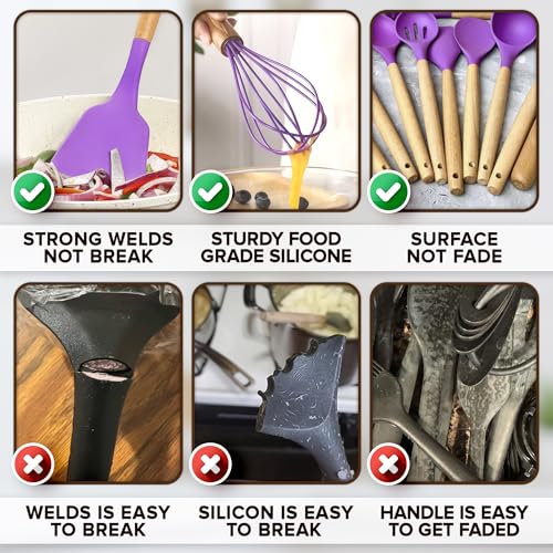 12 Pcs Purple Kitchen Accessories Set with Holder, Silicone Heads | Purple Kitchen Utensils Set for Cooking and Baking; Wooden Handles; Heat-Resistant up to 446°F; Non-Scratch for Nonstick Pans - color: Purple