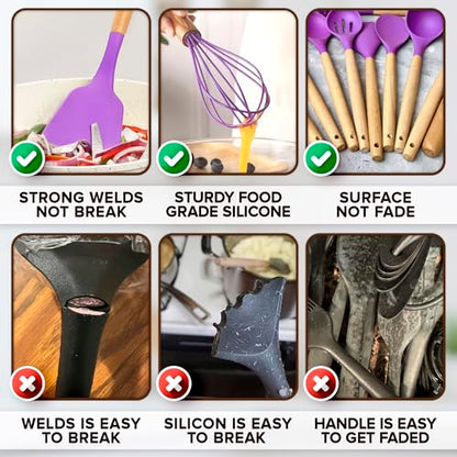12 Pcs Purple Kitchen Accessories Set with Holder, Silicone Heads | Purple Kitchen Utensils Set for Cooking and Baking; Wooden Handles; Heat-Resistant up to 446°F; Non-Scratch for Nonstick Pans - color: Purple