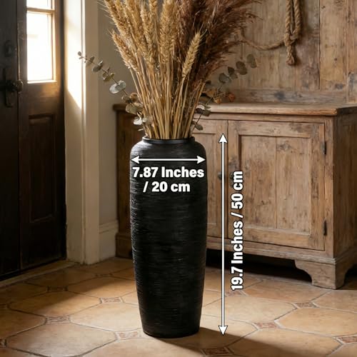 Black Rustic Ceramic Floor Vase, 19.7 Inch, Ribbed Texture | Living Room, Entryway, Fireplace, Pampas Grass, Dried Branches - size: 19.7 Inch