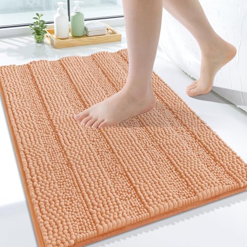 Grandaily Chenille Striped Bathroom Rugs 24x16, Extra Thick and Soft Absorbent Bath Mats, Rubber Backing, Plush Shaggy Shower Carpet, Machine Wash Dry, Bath Rug for Bathroom, Peach - color: Peach, size: 24" X 16"