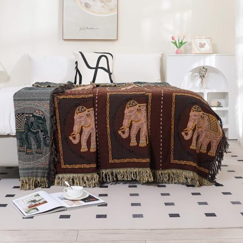 Elephant Pattern Boho Throw Blanket for Bed Couch 60"×80" Brown | 4-Layer Gauze Breathable Reversible Muslin Blanket,Soft Lightweight All Season Quilt with Fringe,Multi-purpose Blanket - color: Brown Elephant, size: 60''x80''