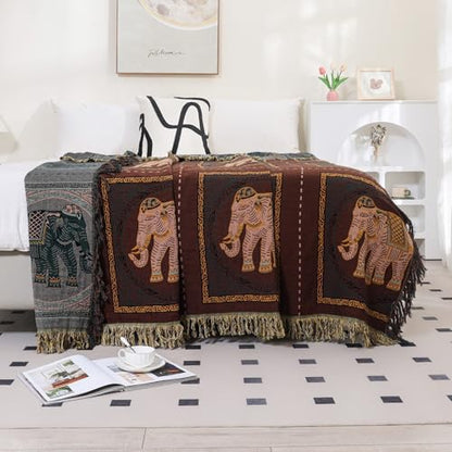 Elephant Pattern Boho Throw Blanket for Bed Couch 60"×80" Brown | 4-Layer Gauze Breathable Reversible Muslin Blanket,Soft Lightweight All Season Quilt with Fringe,Multi-purpose Blanket - color: Brown Elephant, size: 60''x80''