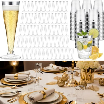 Silver Rim Party Cups Set, 48 Pack Disposable Plastic Drink Cups with Champagne Flutes, 24 Pcs 10oz Tumblers & 24 Pcs 4.5oz Toast Glasses, Cocktail Wedding Reception Party Supplies - color: Silver Rim