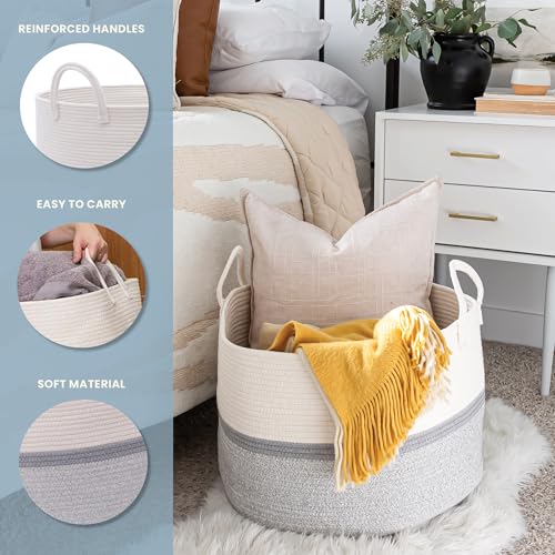 OrganiHaus Round Toy Basket & Blanket Basket, Cotton Rope 20x13" | Striped Gray - Round Cotton Rope Basket, 20x13" - color: Striped Gray, size: Wide