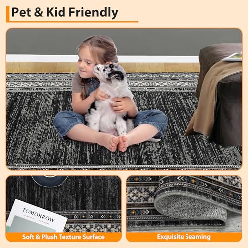 Modern Neutral Rugs for Living Room Bedroom 10x13 Washable Non Slip Solid Area Rug, Stain Resistant Bordered Soft Carpet, Large Foldable Floor Rugs for Dining Room Playroom | Modern Non Slip Low Pile Stain Resistant Bordered Foldable Soft Textured Solid C