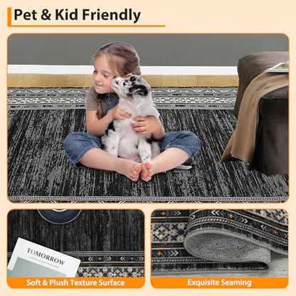 Neutral Rugs for Living Room 9x12 Washable Non Slip Modern Solid Area Rug, Stain Resistant Bordered Soft Carpet, Neutral Foldable Floor Rugs for Bedroom, Dining Room, Nursery, Black | Non Slip Low Pile Stain Resistant Bordered Foldable Soft Textured Solid