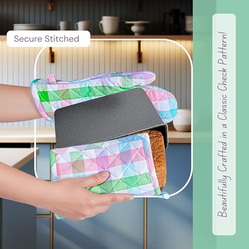Native Fab 4 Piece Set - Gingham Check 2 Oven Mitts & 2 Potholders, Heat Resistant, 100% Cotton, Quilted Design, Non-Slip Grip, Ideal for Baking, Cooking, BBQ, Kitchen Protection, Multicolor - color: Gingham Pastels
