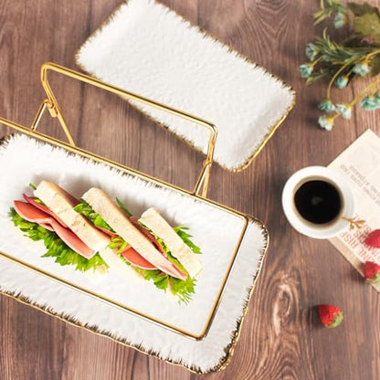 3-Tier Serving Rack with Ceramic Serving Tray, Foldable Gold Stand with 3 Pieces 12 Inch Gold Rim Large Plates for Food Display, Fruit, Dessert Server Display and Entertaining - color: 3-tier 12 Inch Serving Rack