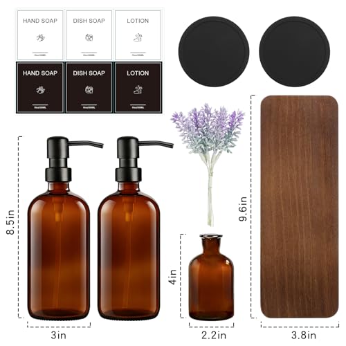 KEYWING 16oz Amber Glass Kitchen Soap Dispenser Set with Wood Tray | Hand and Dish Soap Dispenser Set with Stainless Steel Pumps, Waterproof Labels, Non-Slip Silicone Pads, for Kitchen, Bathroom