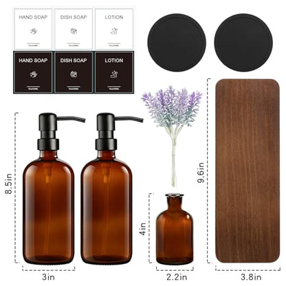 KEYWING 16oz Amber Glass Kitchen Soap Dispenser Set with Wood Tray | Hand and Dish Soap Dispenser Set with Stainless Steel Pumps, Waterproof Labels, Non-Slip Silicone Pads, for Kitchen, Bathroom