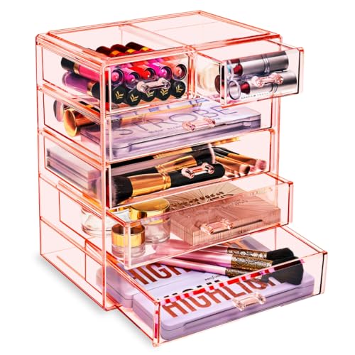 Sorbus Acrylic Makeup Organizer Set, 6-Drawer Vanity & Countertop Cosmetic Storage with Small & Wide Drawers, Pink Makeup Storage for Brushes, Lipsticks, Jewelry – Holiday Gift for Women & Teens - color: Pink, style: 4 Large, 2 Small Drawers