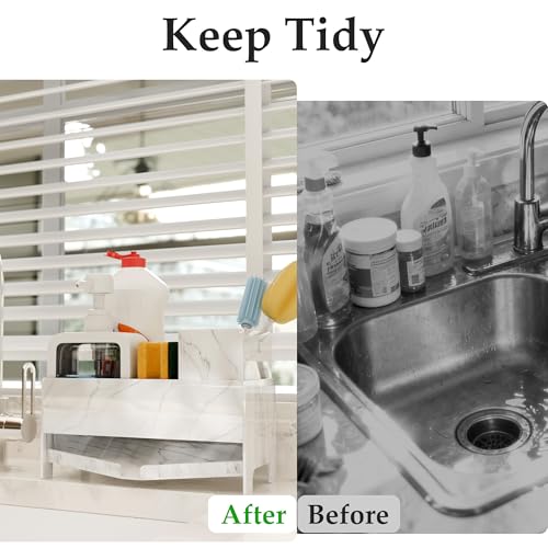 TIDIIABODE Sink Caddy Organizer for Kitchen Counter - White Marble Acrylic Sponge & Soap Bar Holder with Brush Slot, 9.2" Wide Countertop Storage Rack, Self-Draining, Rustproof