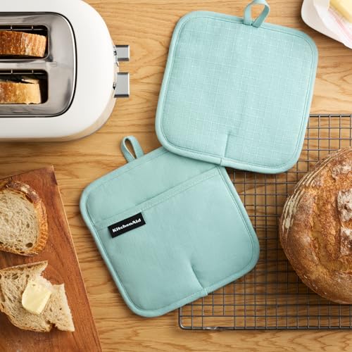 KITCHENAID Gourmet Series Gridlines Pot Holders 2-Pack Set, Heat Resistant up to 600°F, Soft Silicone Grip, Magnetic Cuff, Mineral Water Aqua, 8"x8" - color: Mineral Water Aqua