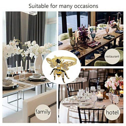 Bee Napkin Rings Set of 6, Gold Bee Napkin Holders with Rhinestones | Serviette Buckles Metal Holder for Cloth Napkins, Party Table Decor Banquet Wedding Birthday Thanksgiving Holiday Daily Use