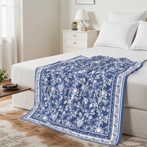 Blue White Floral Blanket for Bed, Couch, Soft Cozy Flannel Chinoiserie Throw Blanket Reversible Sofa Lightweight Breathable Rustic Stylish Home Decor Blanket Navy Blue 50 x 60 Inch - color: Blue White Floral, size: 60 x 50 inches