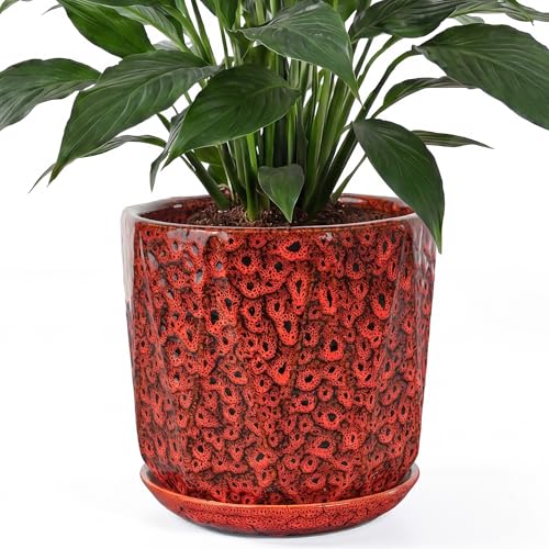 10 Inch Ceramic Plant Pot with Drainage Hole Mesh Net, Large Flower Pots for Indoor Plants with Saucer, Gardening Pots Outdoor (Red) - color: Peacock Red, size: 10 Inch