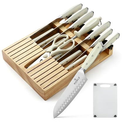 N NOBLE FAMILY In-drawer Knife Block Set, 16PCS Kitchen Knife Set with Wooden Block, Chopping Knives Set, Stainless Steel Knife Block Set, Sharp Cooking Knife Set with Cutting Board, Rust Proof, White - color: White