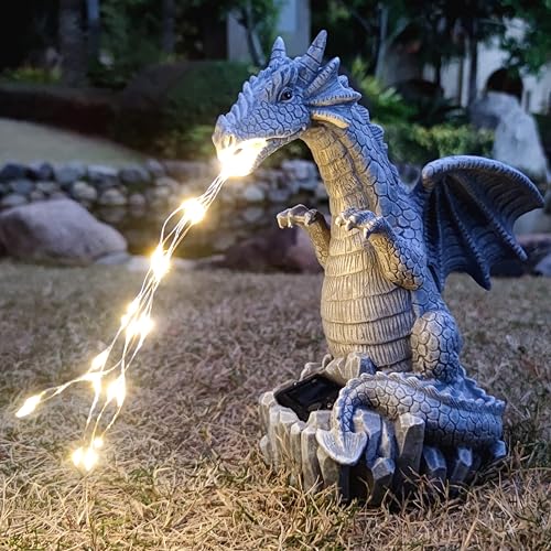 Solar Dragon Garden Statues Outdoor Lights Watering Decor, Resin Dragon Figurine with 30 LED String Lights Lawn Patio Balcony Art Decoration,Housewarming, Birthday,Mothers Day Mom Gifts - color: Gray（dragon String Lights）