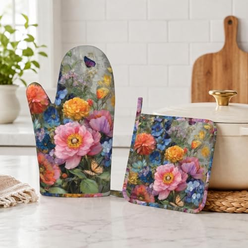 Wild Blooming Flowers Oven Mitts and Pot Holders Sets Butterflies Silicone Kitchen Mitts Potholders Heat Resistant Oven Gloves Hot Pads for Kitchen Baking Cooking BBQ - color: Wild Blooming Flowers