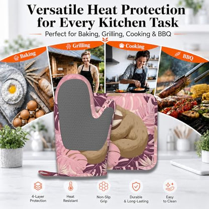 Pink Sloth Heat-Resistant Oven Mitts and Pot Holder Cute Animal Kitchen Non-Slip Silicone Cooking Microwave Gloves for Cooking Baking Grilling - color: Pink Sloth