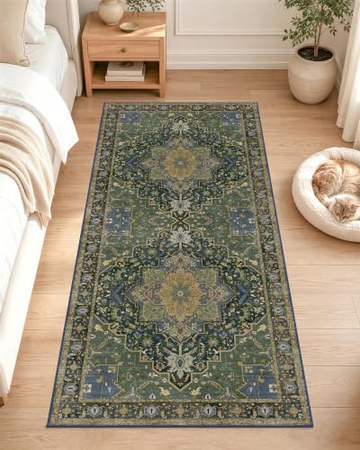 OLANLY 2x4 Washable Accent Rug Non Slip Carpet for Entryway Kitchen Bedside | Dark Green Boho Vintage Floral Medallion Farmhouse Accent Rug, Spill & Stain Resistant Low Pile, for Laundry Office Bedroom - color: Dark Green, size: 2' x 4' (Rectangular)