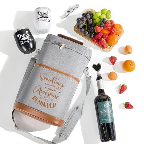 AW BRIDAL Birthday Gifts for Women Men, Drink Happy Thoughts Gift Basket for Housewarming and Beach Camping Travel, Insulated Wine Cooler Bag with Tumbler Mugs and Accessorie Set for Wine Lover Friend - style: Drink happy thoughts