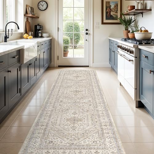 3x10 Washable Hallway Runner Rug - Non-Slip Vintage Kitchen Rugs Beige Gray | Low Pile Thin Wide Carpet for Entryway Soft Pet-Friendly Floor Mat for Living Room Bedroom Laundry Indoor Decor - color: Beige/Gray, size: 3' x 10' (Rectangular)