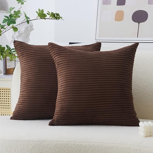 Home Brilliant 2 Packs Throw Pillows Covers 16x16 Striped Velvet Sofa Pillows Decorative Sets, 40cm, 16 x 16 Inch, Brown - color: Brown, size: 16" x 16" (Pack of 2)
