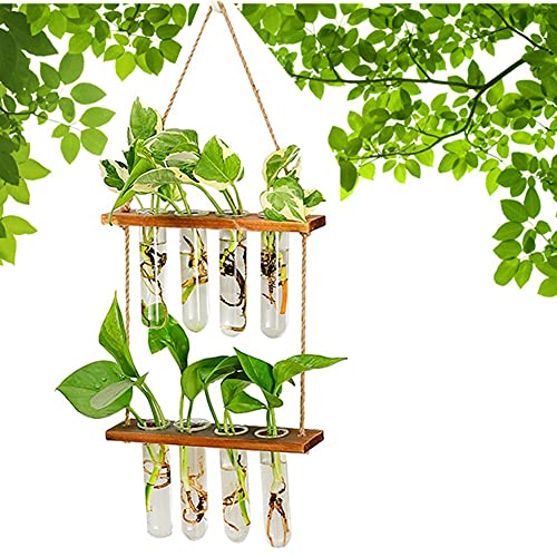 Hiuxume 2 Tiered Wall Hanging Planter, Wooden Stand with Glass Planter Test Tube Vase for Hydroponic Plant Propagation, Perfect for Indoor and Outdoor Decor - color: Retro Color
