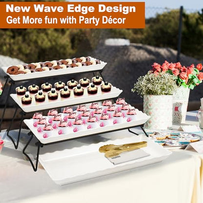 KAQAHIDO Extra Large 4 Tier Serving Tray Set, 34x22x10 inch Wave Edge Melamine Dessert Table Display Set, Tiered Trays Stand for Party Buffet Entertaining, Black and White - color: Black