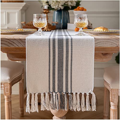 Boho Table Runner for Modern Farmhouse Decor, Dining Table décor 13 x 72 Inch Long, Coffee Table Runner with Handcrafted Tassels, Grey and Beige Stripe Table Runner for Home Boho Décor - color: Grey Beige, size: 13x72Inch
