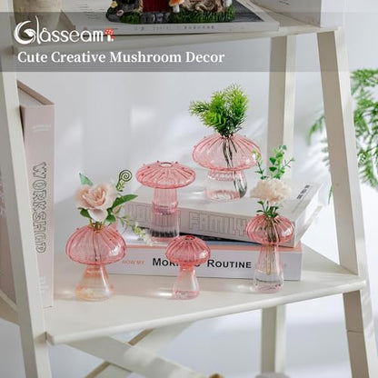 Glasseam Mushroom Plant Propagation Station: 5 Pcs Pink Glass Terrarium Jar | Handmade, Small Hydroponic Planters, Pothos Cutting Propagation Vase, Windowsill, Office, Table Centerpieces, Gifts for Women - color: Pink, size: 10